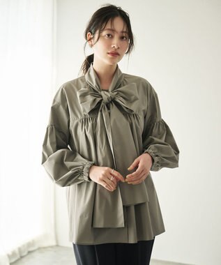 #Newans 【シワになりにくい/洗濯機可能/袖ゴム】ビッグリボンブラウス グレー