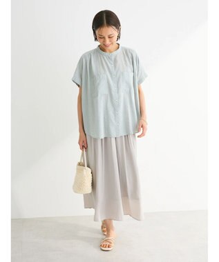 Green Parks インド綿  バンドカラーデザイン５分袖シャツ Mint