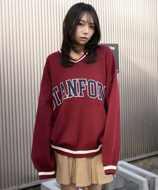 WEGO VネックグラフィックニットBIGプルオーバー ワイン