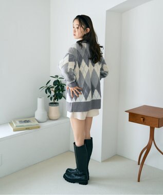 earth music&ecology ループ編みアーガイルカーディガン Gray