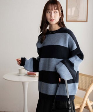 WEGO ボーダーフラッフィービッグニット ネイビー