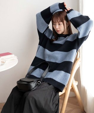 WEGO ボーダーフラッフィービッグニット ネイビー