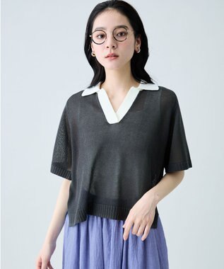 ANY ラミータッチバイカラーポロ衿スキッパーニット スレート