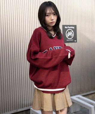 WEGO VネックグラフィックニットBIGプルオーバー ワイン