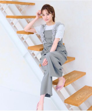 Feroux 【洗える】フリルショルダー サロペット ライトグレー系