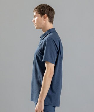 JOSEPH HOMME ブロークンヘリンボンジャージー　レギュラーカラー半袖シャツ ダルブルー系