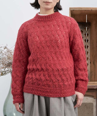 〈高品質シルク＆アンゴラモヘア〉模様編み ボトルネックセーター, レッド, 02