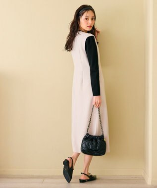 Feroux 【洗える】バイカラートリム ジャンパースカート ベージュ系