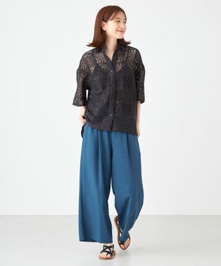 SHARE PARK LADIES ドライタッチリネンライクパンツ ダルブルー系