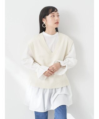 earth music&ecology ＳＥＴ２点Ｖネックベスト＋スタンドカラーチュニック Ivory