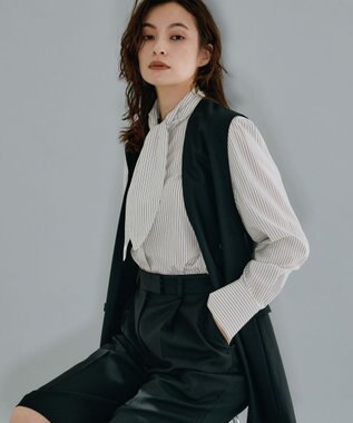 ICB 【洗える】CRySiタイプライター ボウタイ付きバンドカラーシャツ オフホワイト系柄