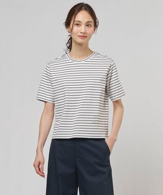 J.PRESS LADIES ロゴ Tシャツ オフ×ブラックボーダー系