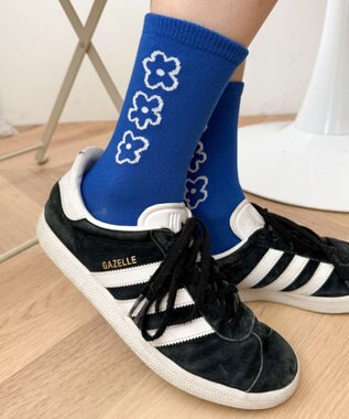 WEGO 手書き風3連フラワーソックス ブルー