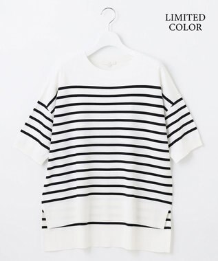 自由区 L 【接触冷感・UVカット・WEB限定カラーあり】クレープストレッチプルオーバー ニット [WEB限定]オフ×ブラックボーダー