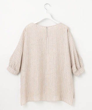 自由区 【洗える】リネンストライプ ボートネックブラウス ベージュ系1