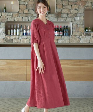 Tiaclasse L 【新色追加】ワッフルVネックワンピース ディープピンク