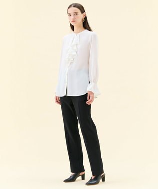 BEIGE， 【WEB限定・洗える】CLARION / バンドカラーフリルブラウス White