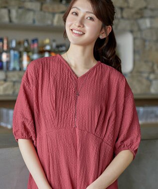 Tiaclasse L 【新色追加】ワッフルVネックワンピース ディープピンク