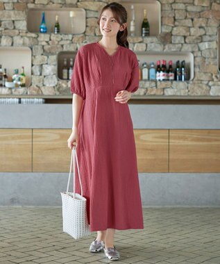 Tiaclasse L 【新色追加】ワッフルVネックワンピース ディープピンク