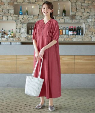 Tiaclasse L 【新色追加】ワッフルVネックワンピース ディープピンク