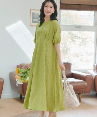 Tiaclasse L 【新色追加】ワッフルVネックワンピース ライム