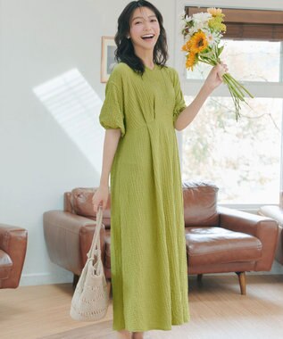 Tiaclasse L 【新色追加】ワッフルVネックワンピース ライム