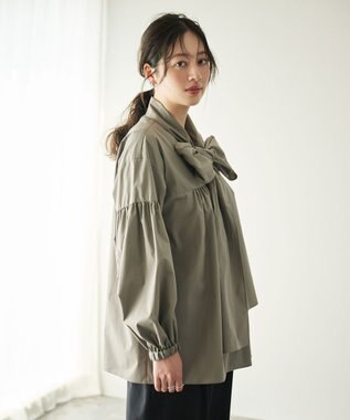 #Newans 【シワになりにくい/洗濯機可能/袖ゴム】ビッグリボンブラウス グレー