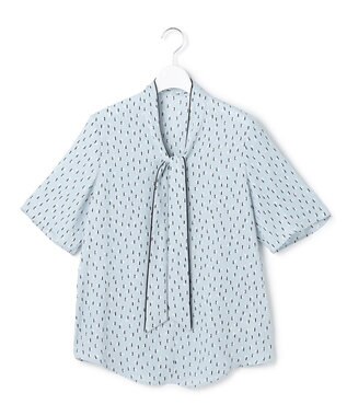 ICB L 【新色追加】BackSatinAmunzen 5分袖配色ボウタイブラウス サックスブルー×モチーフドット柄