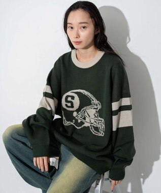 WEGO 【ユニセックス着用ITEM】ジャガードスリーブラインプルオーバー ダークグリーン