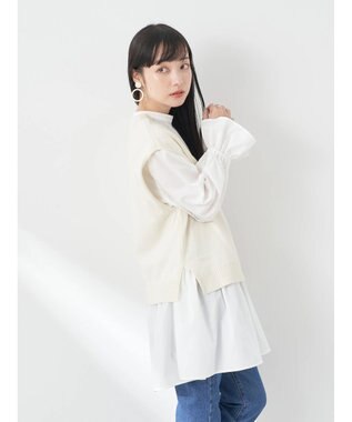 earth music&ecology ＳＥＴ２点Ｖネックベスト＋スタンドカラーチュニック Ivory
