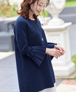 Tiaclasse L 【洗える】ミラノリブ編みのフレア袖ニットチュニック ネイビー