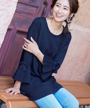 Tiaclasse L 【洗える】ミラノリブ編みのフレア袖ニットチュニック ネイビー