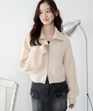 WEGO ダブルジップショートニットブルゾン ホワイトアイボリー