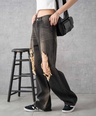 WEGO ヴィンテージウォッシュダメージデニムパンツ ブラック中濃色