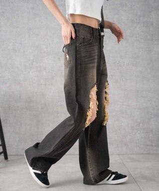 WEGO ヴィンテージウォッシュダメージデニムパンツ ブラック中濃色