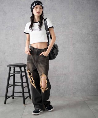 WEGO ヴィンテージウォッシュダメージデニムパンツ ブラック中濃色