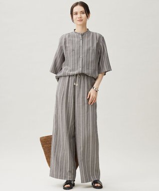 自由区 S 【カタログ掲載・セットアップ対応・洗える】リネンビスコースストライプドロスト パンツ セピア系