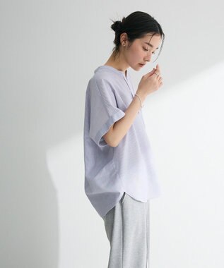 Green Parks 綿麻混フレンチスリーブスキッパーシャツ Stripe