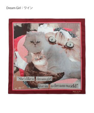 MOONBAT 【WEB限定】PAUL & JOE ACCESSOIRES シルクツイル キャットコラージュスカーフ 58×58cm Dream Girl(ワイン)