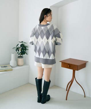 earth music&ecology ループ編みアーガイルカーディガン Gray
