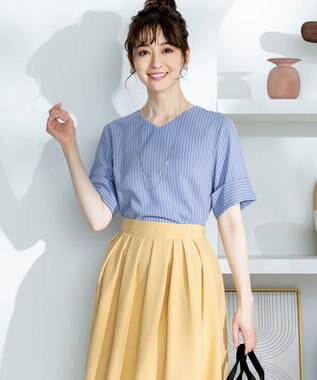 Tiaclasse L 【洗える】ゆったりシルエットの幅広カフスブラウス サックスストライプ