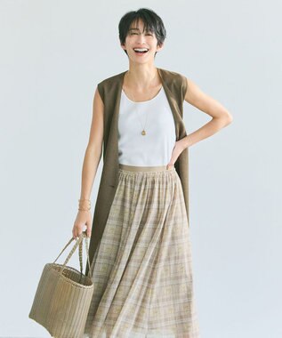 自由区 【洗える】グレンチェック ロングジレ ブラウン系3