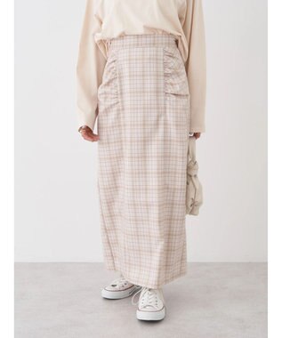 earth music&ecology ギャザーナロースカート Check Beige