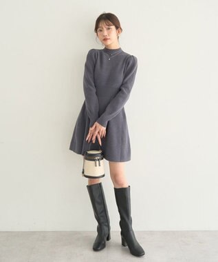earth music&ecology ウエストリブフレアニットミニワンピース Charcoal Gray