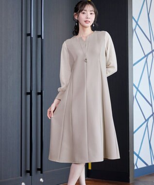 Tiaclasse 【ストレッチジョーゼット】 シフォン袖ワンピース グレージュ