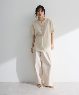 Green Parks 綿麻混フレンチスリーブスキッパーシャツ Light Beige