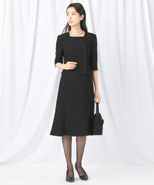 自由区 FORMAL 【ウォッシャブル対応】ドビーボーダーリボン ジャケット+ワンピース ブラック系