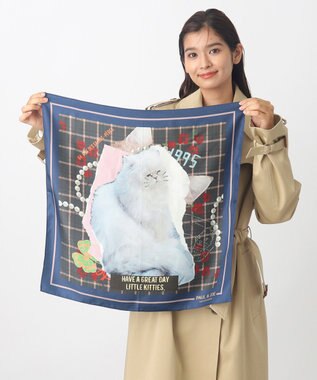 MOONBAT 【WEB限定】PAUL & JOE ACCESSOIRES シルクツイル キャットコラージュスカーフ 58×58cm Little Kitties(ネイビーブルー)