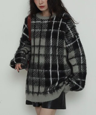 WEGO 【2025年秋冬新作】シャギーパターンニットBIGプルオーバー グレーチェック1