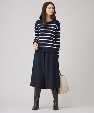 自由区 S 【洗える】コットンウールハイゲージボーダー ニット ネイビー×オフ